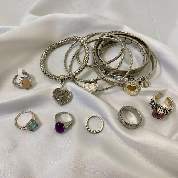 Jewelry - Chunky Vintage Silver Tone Bracelet Cuff And Rings Jewelry Stack Lot